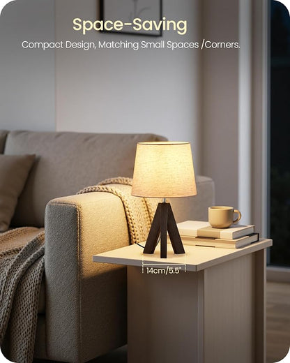 Small Table Lamp for Bedroom, 14.6" Bedside Lamp with Beige Linen Shade & Walnut Wood Tripod Base, Modern Nightstand Lamp for Living Room, Nursery, Entryway, E26 Socket, VE51TL05
