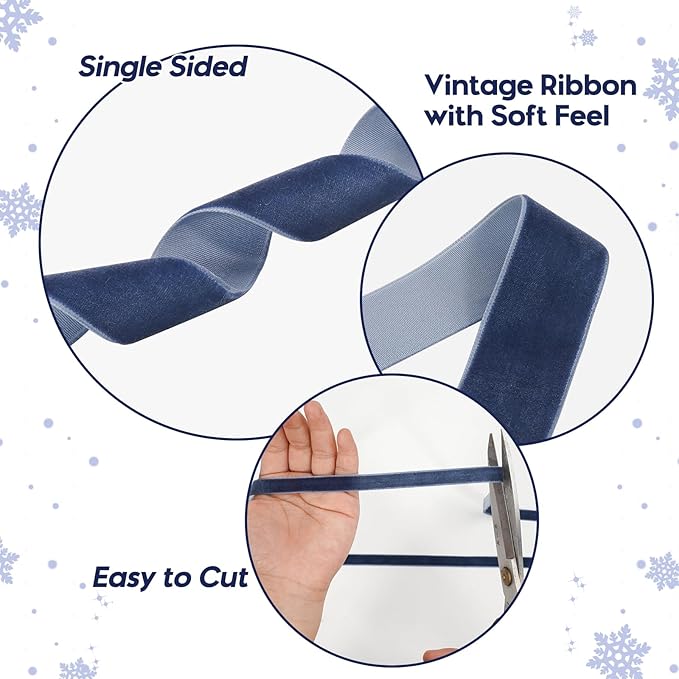 Navy Blue Velvet Ribbon for Gift Wrapping, 3 Rolls Vintage Thin Velvet Ribbon Set for Christmas Tree Decoration, 3/8, 5/8, 1 inch Wide, 30 Yards Totally, Thick Christmas Ribbons for Bow Ornaments
