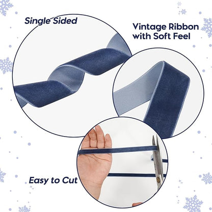 Navy Blue Velvet Ribbon for Gift Wrapping, 3 Rolls Vintage Thin Velvet Ribbon Set for Christmas Tree Decoration, 3/8, 5/8, 1 inch Wide, 30 Yards Totally, Thick Christmas Ribbons for Bow Ornaments
