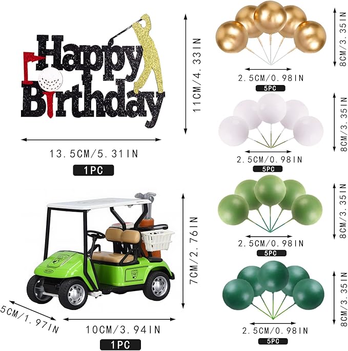 MEMOVAN Golf Cake Decorations Golf Birthday Cake Toppers Mini Golf Cart Toy Golf Theme Cake Decorations with Green Gold and White Ball Cake Topper for Golf Theme Party Supplies