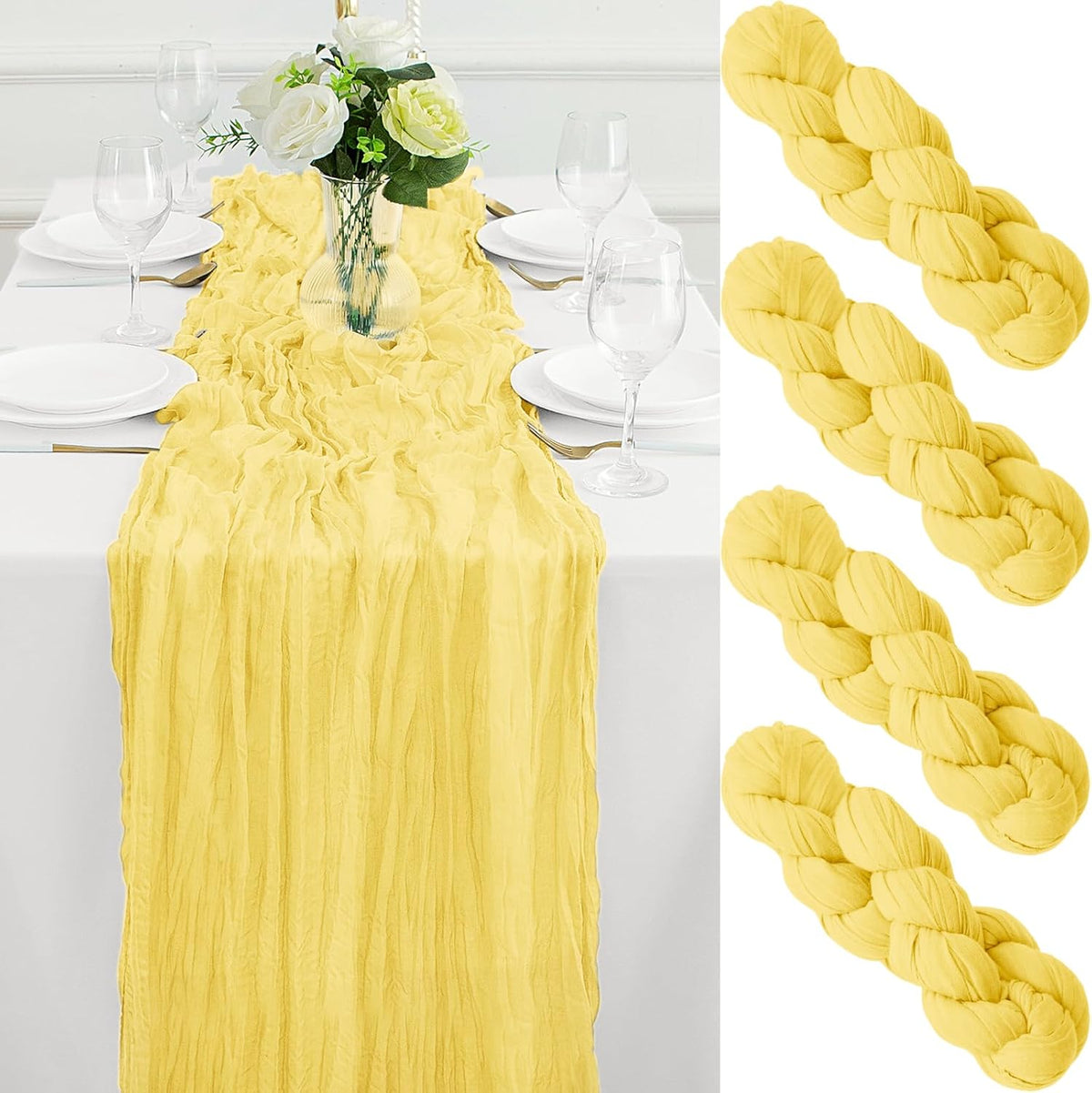 4Pack Light Yellow Cheesecloth Table Runner 10FT Gauze Cheese Cloth Table Runner 35x120Inch Long Boho Spring Easter Table Runners Rustic Sheer Table Runners for Wedding Baby Bridal Shower Decor