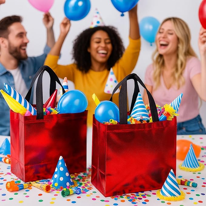 VGOODALL 15 Pack Reusable Gift Bags with Handles, 12.6x5x11 Inch Shiny Red Gift Bags for Party Favors Birthdays Weddings Packaging Supplies