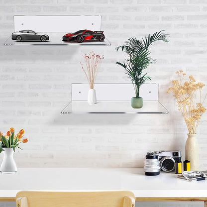 Jansburg 12 Inch L-Shaped Acrylic Floating Shelf Clear Wall Mounted Shelves