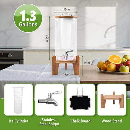 1.3 Gallon Drink Dispenser, Glass Beverage Dispenser with Wood Stand, Lemonade Dispenser with Airtight Valve and Stainless Steel Spigot Fruit Infuser, Thick Drink Dispenser for Parties Restaurants