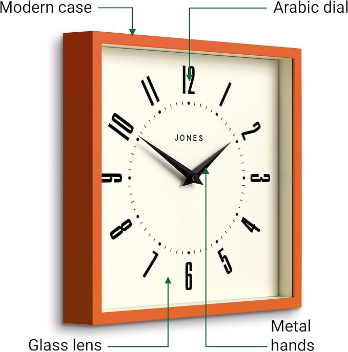 JONES CLOCKS® Box Wall Clock | Retro Square | 10 inch | Orange | Easy to Read Numbers | Perfect Kitchen or Office Clock