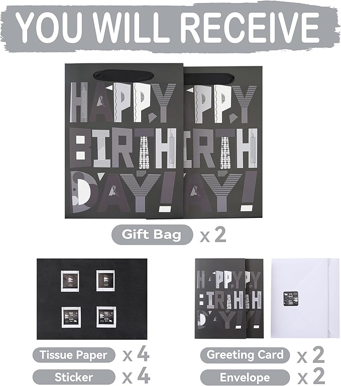 wishinside 2-Pack 10.6” Medium Black Happy Birthday Gift Bag Set with Greeting Cards and Tissue Papers for Men Boys Kids Teens, Cartoon Birthday Design, 2 Pcs