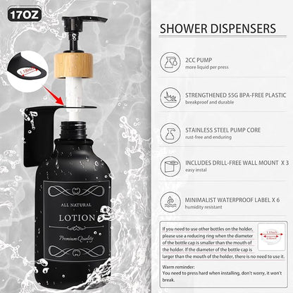 XLHOMO Black and Wood Bathroom Accessories Set 19Pcs, Bathroom Set with Trash Can and Toilet Brush, 3PCS Drill Free 17oz Soap Dispenser Wall Mounted, Toothbrush Holder and Cup, Soap Dish, Qtip Holder