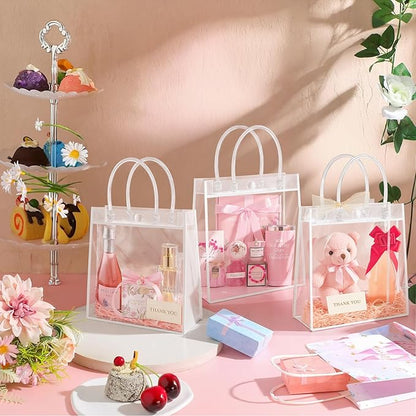 Okxiri 15 PCS Clear PVC Gift Bags with Handles,Small Reusable Plastic Party Favor Bags, Transparent Goodie Bags for Wedding,Baby Shower, Birthday (6.1" x 6.1" x 2.7")