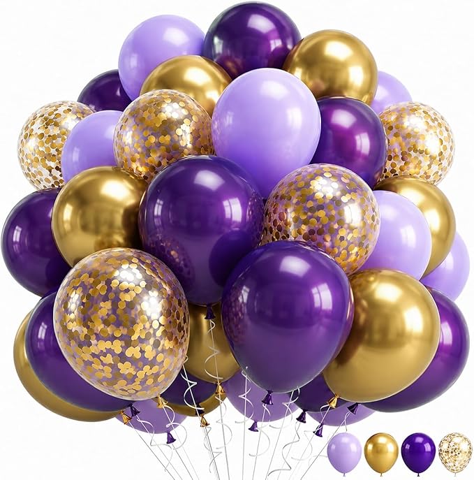Purple and Gold Balloons, 60 Pcs Dark Purple Balloons with Confetti Gold Metallic Balloon, Globos Morados Lavender Balloon for Graduations Grad Prom Birthday Party Bridal Shower Decorations