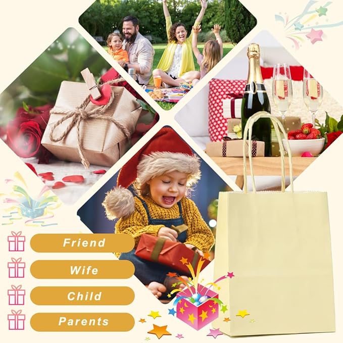 ADIDO EVA 25 Pcs Macaron Yellow Gift Bags Small Paper Bags with Handles for Party Favor (8.2 x 6 x 3.1 in)