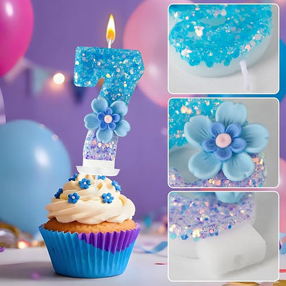 Blue Purple Flower Birthday Number Candles, Flower Theme Party Decorations, Cupcake Decorations, Suitable for Party Celebrations, Boys and Girls Birthday Decorations（7）