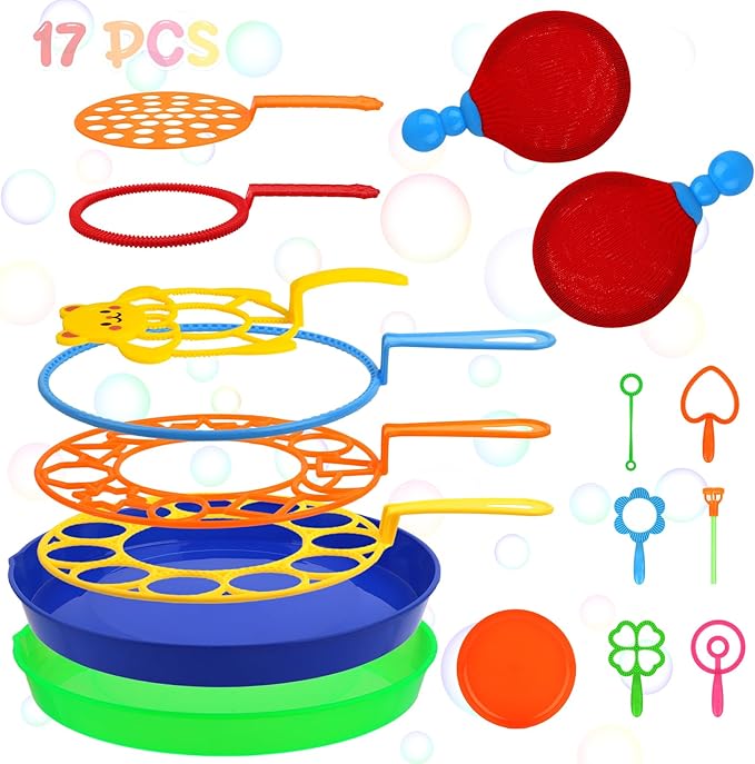 Roberly 17 PCS Big Bubble Wands Toys Set, Tray, Soft Racket, Bulk Funny Bubbles Making Toys for Kids Summer Outdoor Activities Game Birthday Party Favors