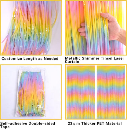 PIGETALE Pastel Rainbow Foil Fringe Curtains, 2Pcs 3.2x8.2ft Metallic Tinsel Foil Streamers Colourful Photo Booths Props Backdrop for Easter Princess Birthday Wedding Engagement Party Decorations