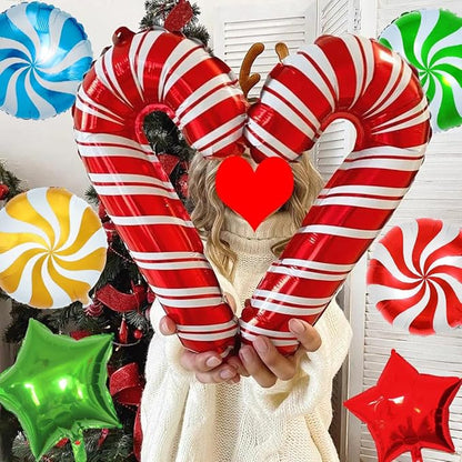 28 Pcs Christmas Foil Candy Cane Balloons with Ribbons - Mylar Present Balloons for Party Decorations