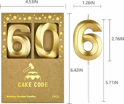2.76 Inch Diamond Gold 60 Number Birthday Candles, Gold Number Candles, Cake Number Candles, Party Celebration