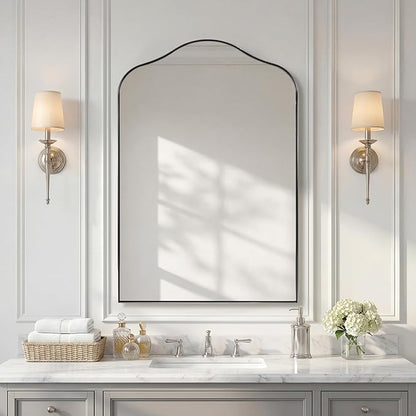 ANDY STAR Scalloped Arched Mirror, 26x38 Polished Chrome Irregular Bathroom Mirror for Vanity, Curved Top with Silver Rustproof Stainless Steel Frame, for Powder Room, Entryway, Bedroom, Fireplace