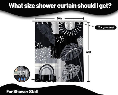 Black and Gray Mid Century Modern Shower Curtain Bohemian Abstract Dark Black and Grey Shower Curtains for Bathroom Decor Sets, Waterproof Cloth Fabric with Hooks, 60x72 Inch