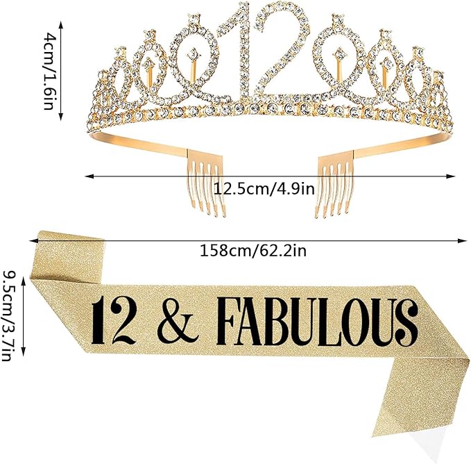 12th Birthday Sash and Tiara, 12 & Fabulous Sash and Tiara Birthday Crown, Happy 12th Birthday Gifts for Party Favors Supplies and Decorations, Gold
