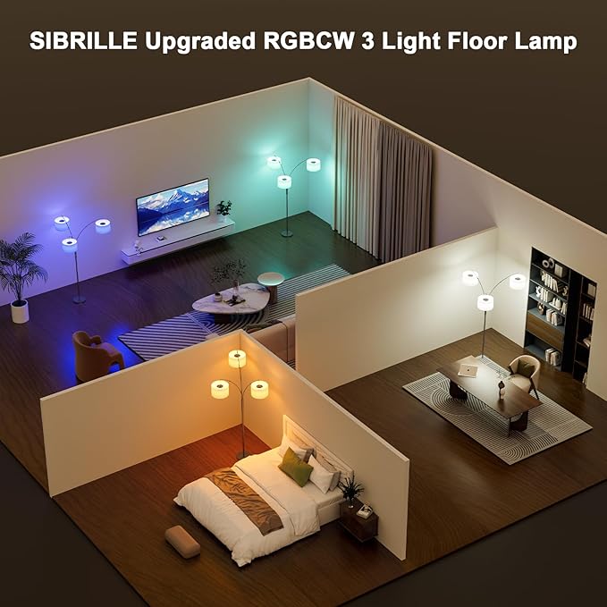 SIBRILLE 36W RGB Arc Floor Lamp with 3 White Fabric Shades, 3000LM Super Bright Standing Lamp with Remote Control & Touch, Stepless Dimming, Individual Light Control for Living Room, Bedroom