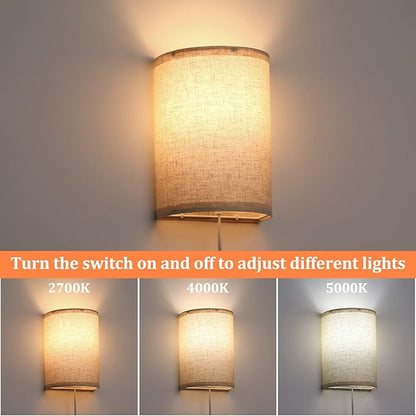 AVV Wall Sconces Set of Two, Wall Lamp Plug in with On/Off Switch, 2700K 4000K 5000K Selectable, Wall Lights for Bedroom, Living Room, Wall Decor for Bedroom, Fabric Linen Lamp Shades