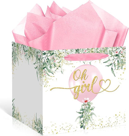 Woosytoo Extra Large Baby Girl Gift Bag Greenery Baby Shower Square Gift Bags with Tissue Paper Oh Girl Watercolor Pink Balloon Wrapping Paper Bag for Girls Baby Shower Gender Reveal Party Favors