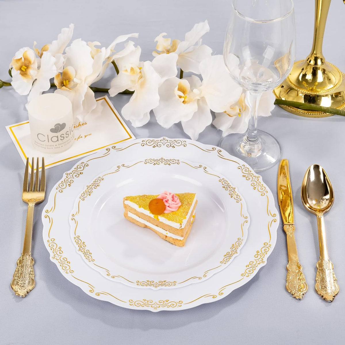 DaYammi 60PCS White and Gold Plastic Plates, Thanksgiving Plates Disposable Heavy Duty Platos Premium 7.5inch White Dessert Cake Salad Appetizer Plates Hard Plastic Platos Disposable for Party Wedding