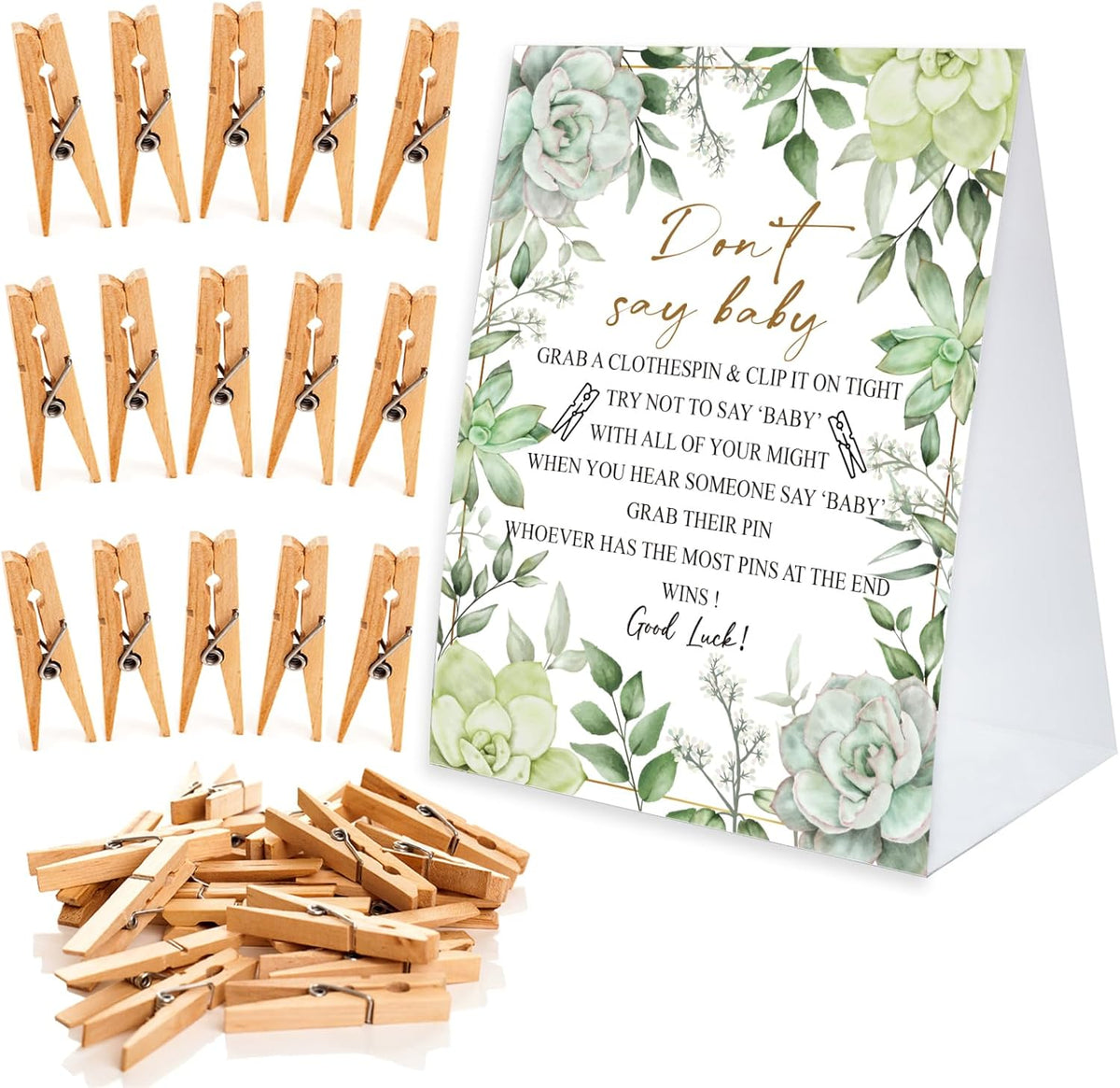 Don't Say Baby Game For Baby Shower Clothespin Game, One 5x7 Coated Paper Sign And 50 Natural Clothespins, Succulent Theme, Gender Neutral -NDSBB28
