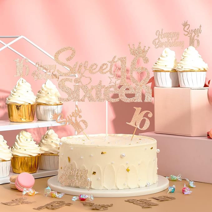 25 Pack 16th Birthday Cake Decorations, Sweet 16 Sixteen Cake Topper, Happy Birthday Sweet 16 Cupcake Toppers Rose Gold for Boys Girls Happy 16th Birthday Party Supplies…