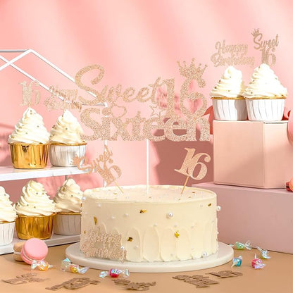 25 Pack 16th Birthday Cake Decorations, Sweet 16 Sixteen Cake Topper, Happy Birthday Sweet 16 Cupcake Toppers Rose Gold for Boys Girls Happy 16th Birthday Party Supplies…