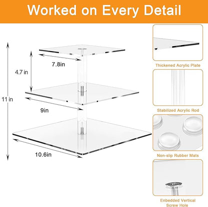 weddingwish 3 Tier Square Clear Acrylic Cupcake Stand, Clear Cupcake Display Stand Tower Tree, Tiered Cupcake Carrier Dessert Stands