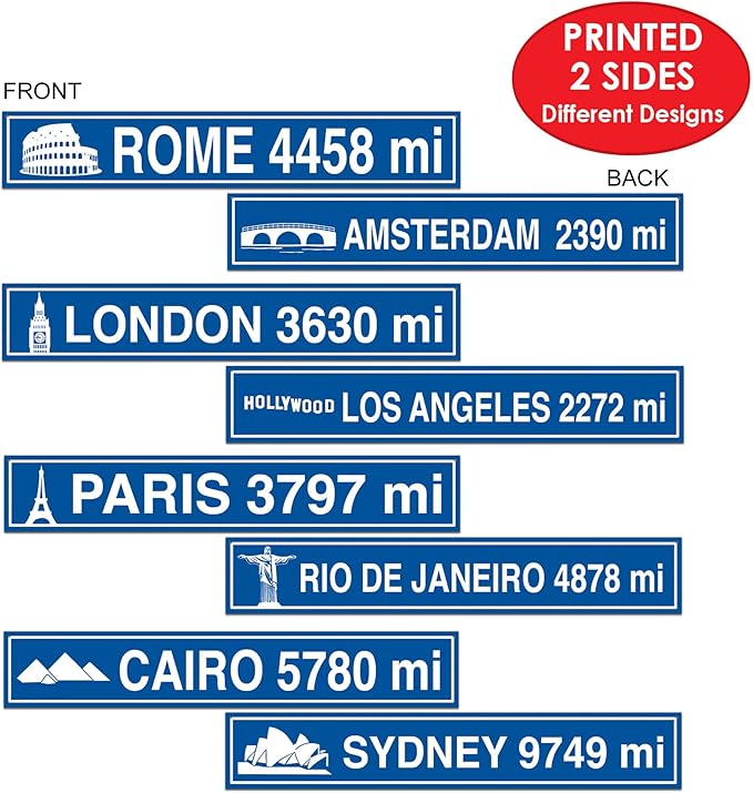 Beistle Pack of 4 Travel Street Sign Cutouts in Blue/White, International Themed Party Wall Hanging Decorations, History, Georgraphy Classroom Decor