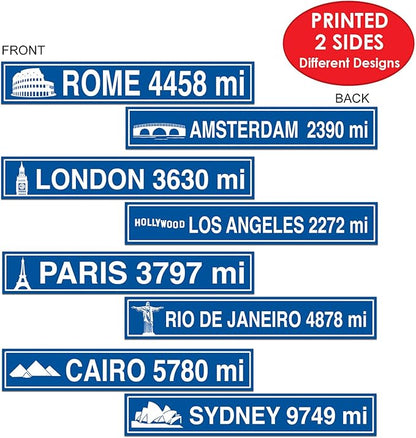 Beistle Pack of 4 Travel Street Sign Cutouts in Blue/White, International Themed Party Wall Hanging Decorations, History, Georgraphy Classroom Decor