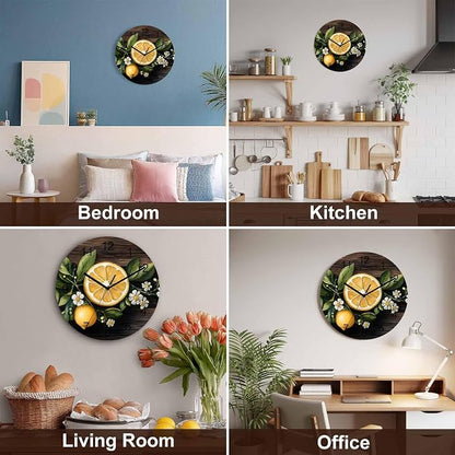 Lemon Flowers Wall Clock Battery Operated Non-Ticking 12" Round Wood Clocks, Vintage Style Kitchen Wall Clock for School Bathroom Living Room Home Office Wall Decor