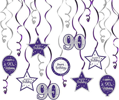 Happy 90th Birthday Purple & Silver Glitter Swirls Streamers Party Decorations - 15 Pcs 90th Birthday Hanging Swirls Streamers Kit,Cheers to Ninety Years Old Bday Party Sign.