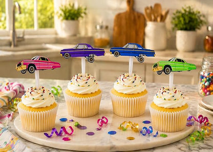 24 PCS Lowrider Cupcake Toppers - Lowrider Party Decorations - Cholo Theme Party - Lowrider Car Birthday Decorations - Pink, Blue, Green, Purple
