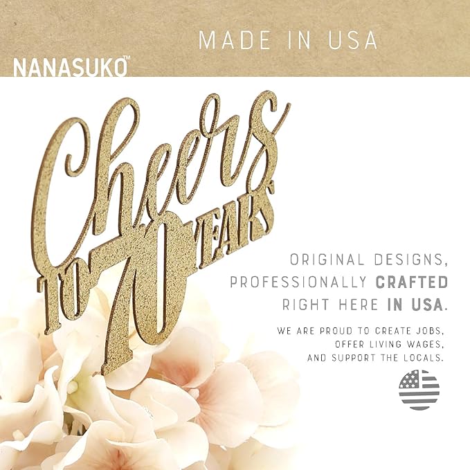 70th Birthday Cake Topper - Cheers to 70 years - Double Sided Gold Glitter, Premium quality Made in USA