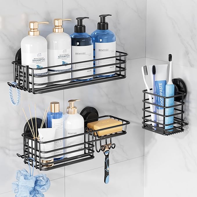 TAILI Shower Caddy Suction Cup, 3 Pack Shelves for Inside with Hooks & Soap holder Toothbrush Cups, Removable Bathroom Organizer, Rustproof Black Holder Storage-Black