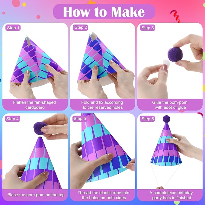 AmazingSpark 25 Pcs Video Game Birthday Party Decorations Set 24 Happy Birthday Hats with Pompoms 1 Banner for Blue and Purple Pixel Gaming Party Decorations