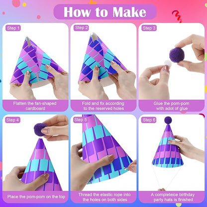 AmazingSpark 25 Pcs Video Game Birthday Party Decorations Set 24 Happy Birthday Hats with Pompoms 1 Banner for Blue and Purple Pixel Gaming Party Decorations