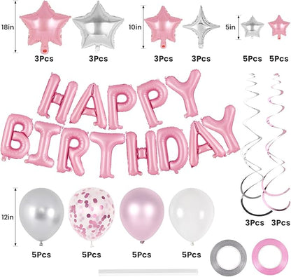 55 Pcs Happy Birthday Balloons Letters Banner with 35 Pcs Star Foil Balloon, 20 Pcs Latex Balloons, 6 Hanging Swirls for Women Men Boys Girls Birthday Party Decorations Set ﻿ (Pink)