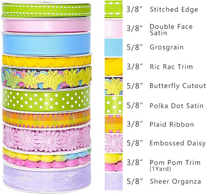 LaRibbons Spring Ribbon Set, Pastel Easter Craft Ribbons with Floral, Polka Dot & Gingham, Ideal for Gift Wrapping, Hair Bows, Spring Decor, DIY Crafts 46 Yards