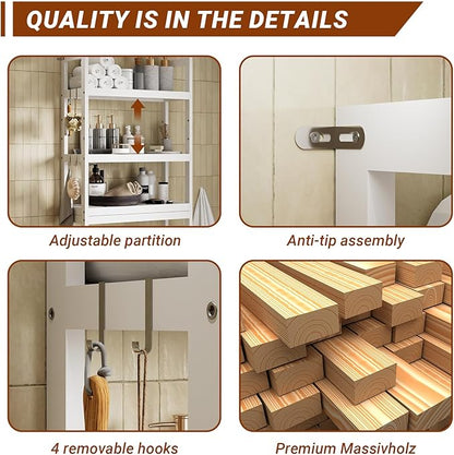 Over the Toilet Storage Cabinet, 3 Tier Over Toilet Bathroom Organizer with Adjustable Shelves and Hooks, Freestanding Wood Bathroom Shelves Over Toilet for Space Saver (White)