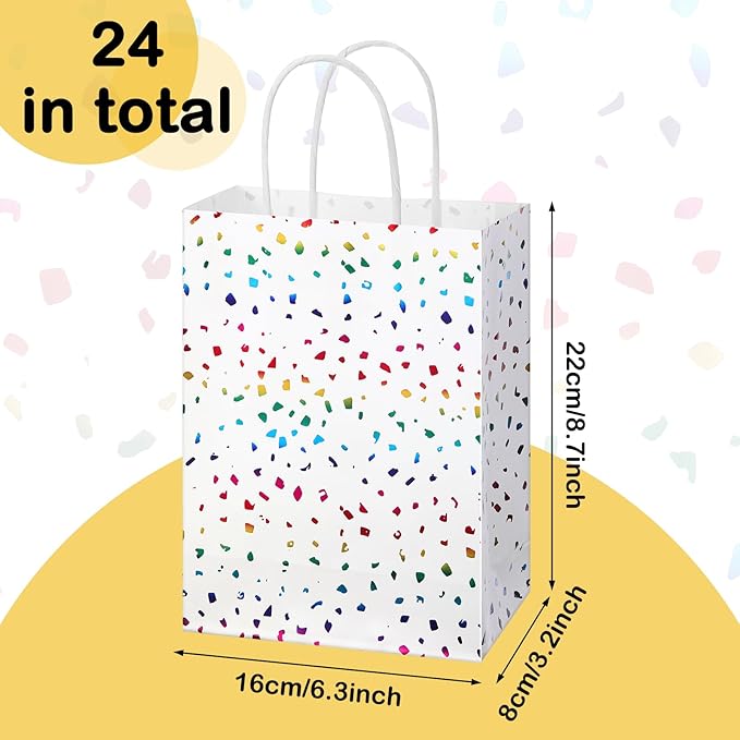 Pasimy 24 Pcs Rainbow Confetti Paper Gift Bags with Handles Rainbow Sparkle Kraft Paper Favor Bags Glitter Tissue Treat for Birthday Wedding Christmas Baby Shower Supplies
