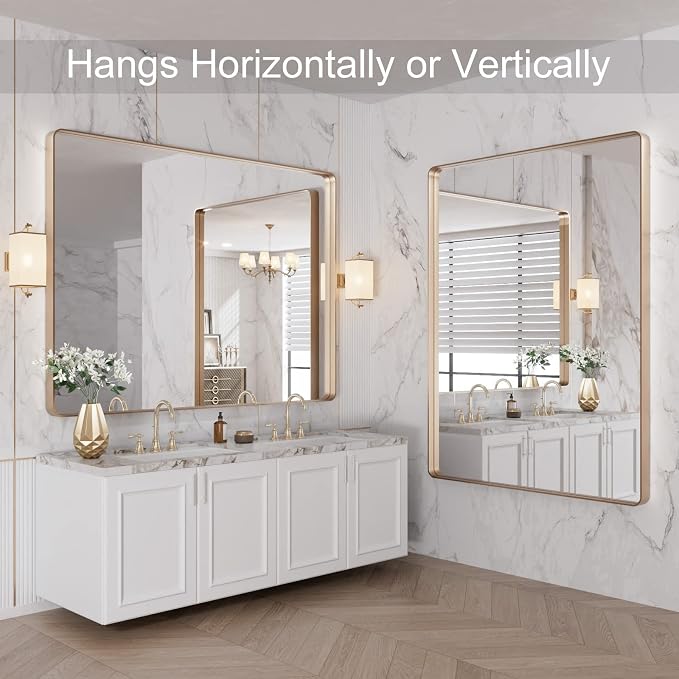 LOAAO 48”X36” Gold Bathroom Mirror, Rounded Rectangle Gold Frame Mirror, Brushed Gold Bathroom Vanity Mirror Wall-Mounted, Anti-Rust, Tempered Glass, Hangs Horizontally or Vertically