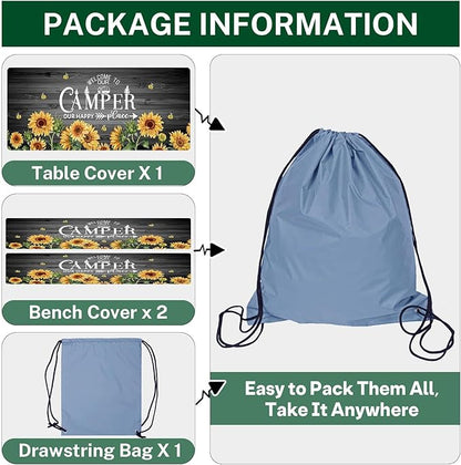 Sunflower Picnic Table Cover with Bench Covers, Rustic Grey Wooden Summer Floral Farmhouse Outdoor Camping Essentials 6FT 3PCS Fitted Rectangle RV Must Haves Tablecloth with Drawstring Bag