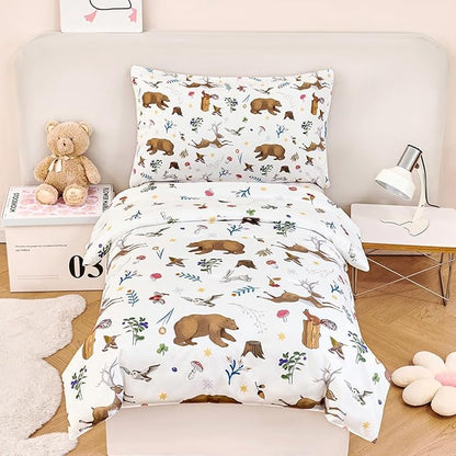 PERFEMET Kids Comforter Sets Twin 4 Pieces Cartoon Woodland Animal Print Bedding for Boys Girls Soft Reversible Bear Deer Forest Theme Children Bedroom Set with Sheets for All Season Use