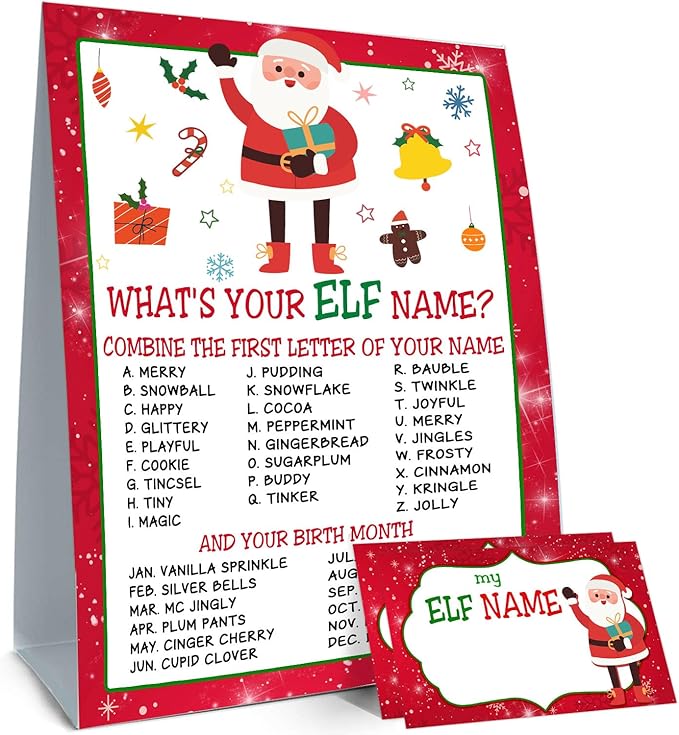 What's Your ELF Name Game, 1 Sign & 30 Stickers, Christmas Party Activity for Family, Kids & Adults