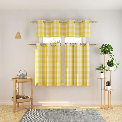 3 Pc Cotton Classic Country Farmhouse Kitchen Window Curtain Grommet Top -Yellow & White Buffalo Check Tier & Valance Set, 54" x 18" / 32" x 30"