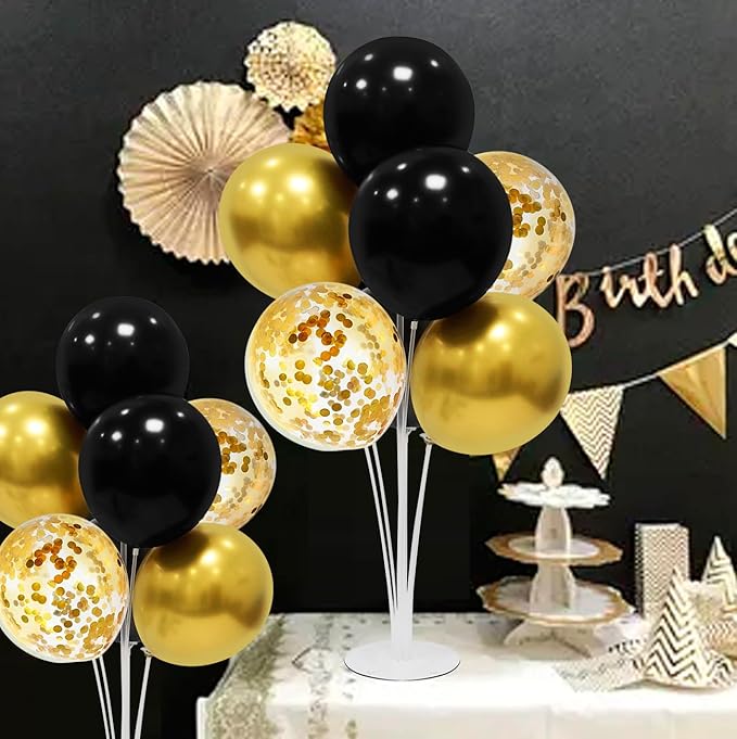 ZJDHPTY Graduation Decorations 2026,4 Set Balloon Stand with Pump and Balloons, Black and Gold Party Decorations for 40th 50th 60th 70th Birthday Retirement Wedding Anniversary New Year Party Supplies
