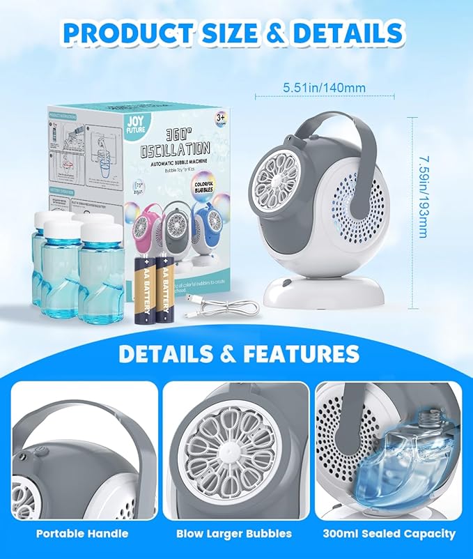 Rechargeable Bubble Machine - Auto 360° Rotation, 75° Tilt Range, 10 Large Wands - Bubbles Blower Maker for Kids, Toddlers, Outdoor Play, Wedding, Birthday, Parties, Gifts Toys for Boys, Girls